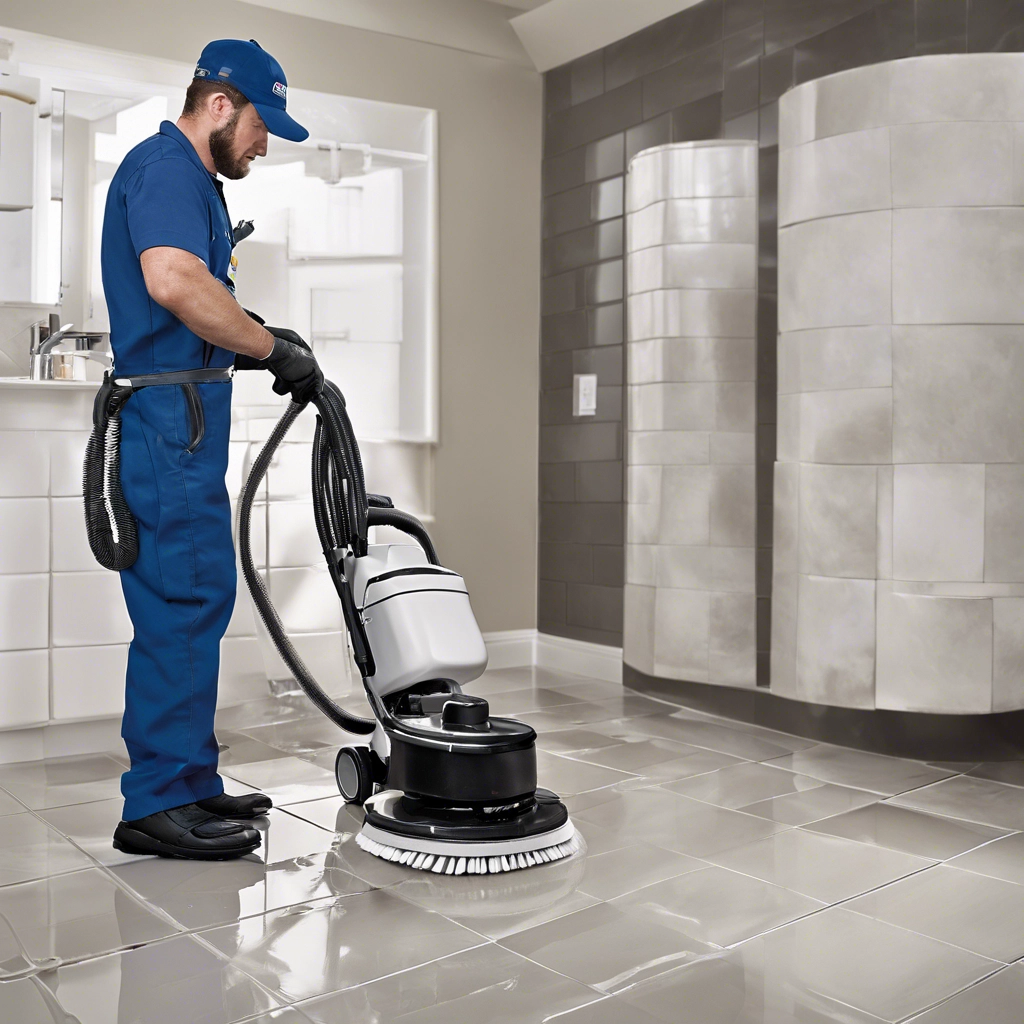 Imbue Cleaning solutions worker performing tile and grout cleaning services with professional floor scrubbing machine