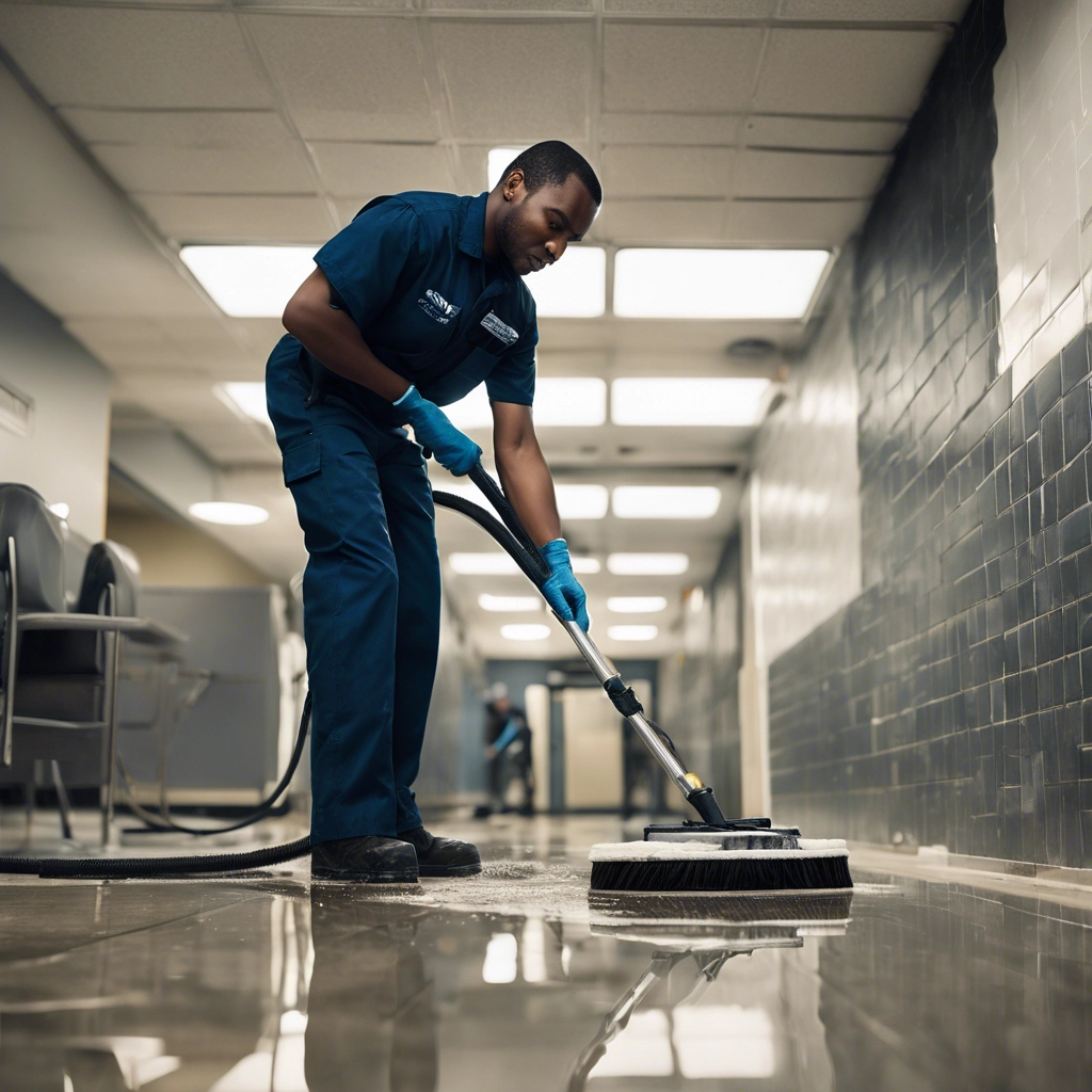 Imbue cleaning solutions worker providing floor tile and grout cleaning services using floor machine